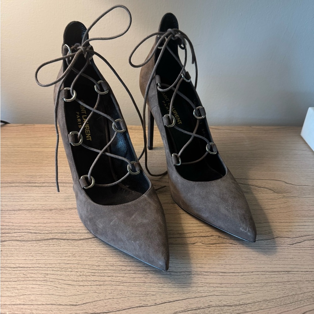 Saint Laurent Women's Gray Suede Lace Up Heels size 38.5